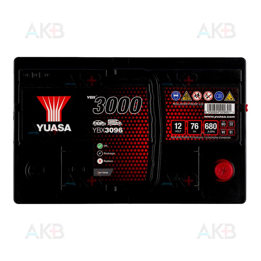 Автомобильный аккумулятор YUASA YBX3096 76 Ач 680А обр. пол. (278x175x190)