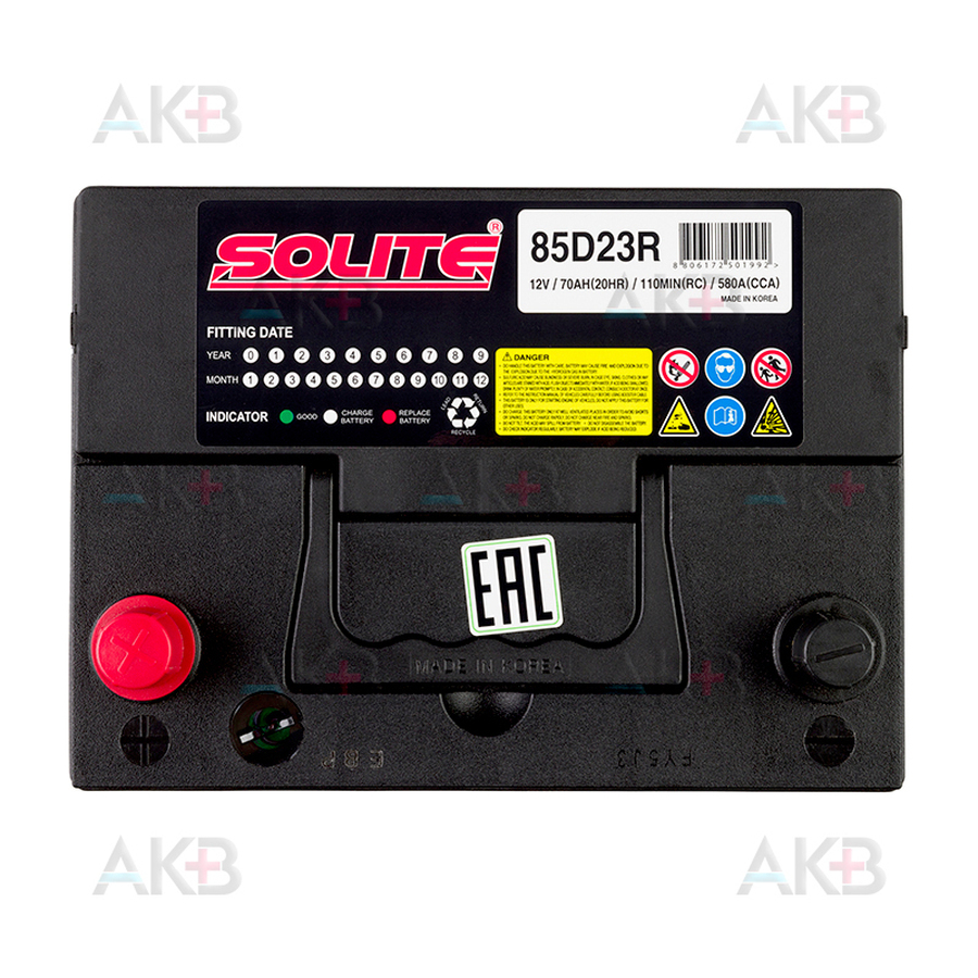 Автомобильный аккумулятор Solite 85D23R с бортиком (70L 580A 230x168x200)