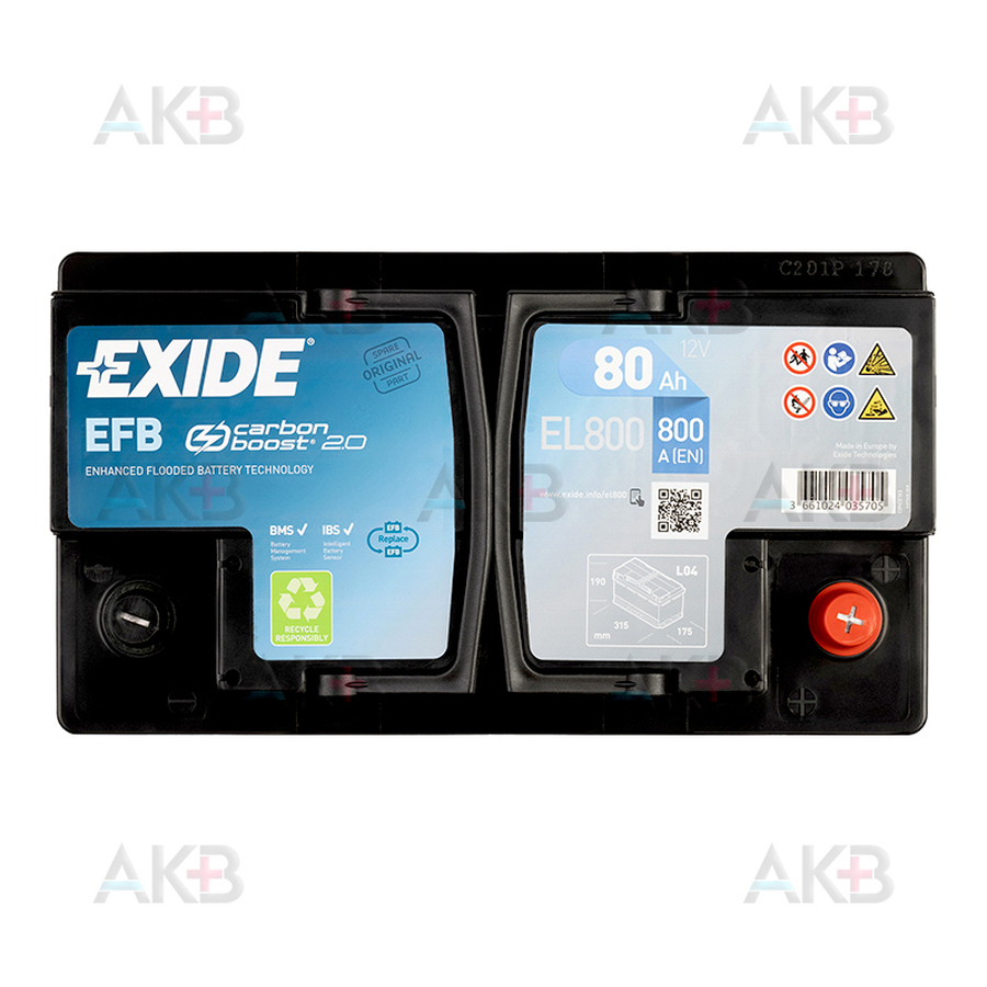 Автомобильный аккумулятор Exide Start-Stop EFB 80R (720А 315x175x190) EL800