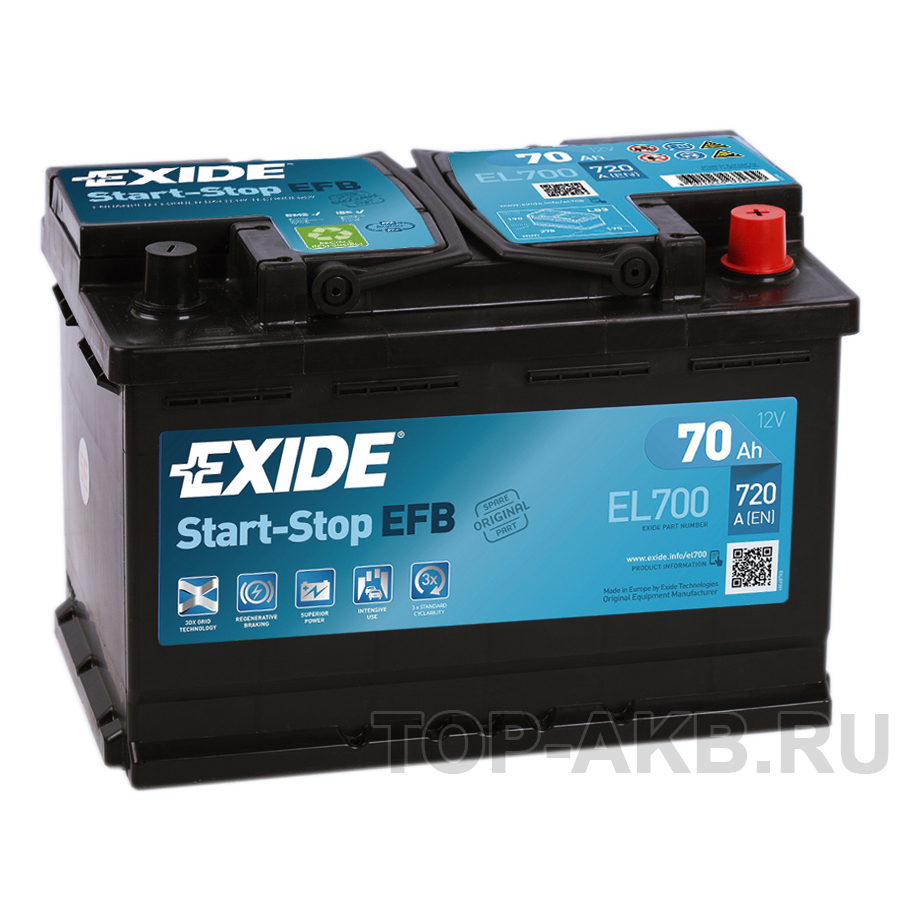Автомобильный аккумулятор Exide Start-Stop EFB 70R (720А 278x175x190) EL700