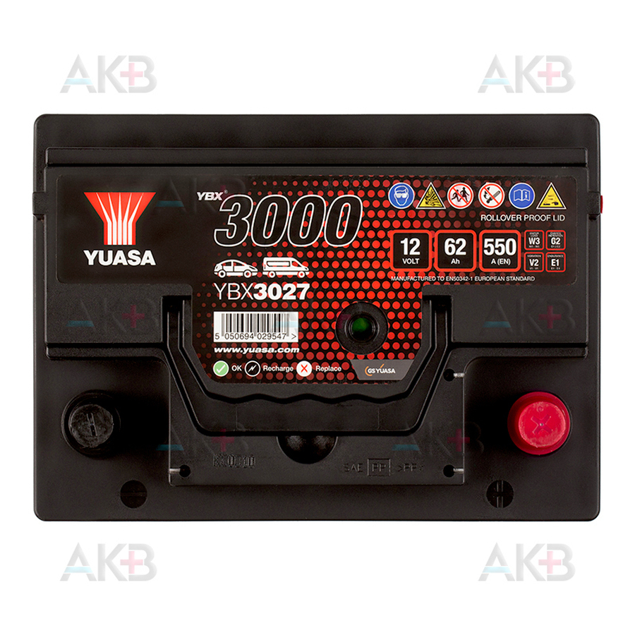 Автомобильный аккумулятор YUASA YBX3027 62 Ач 550А обр. пол. (242x175x190)