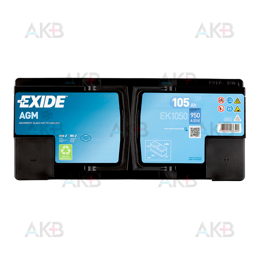 Автомобильный аккумулятор Exide Start-Stop AGM 105R (950А 393x175x190) EK1050