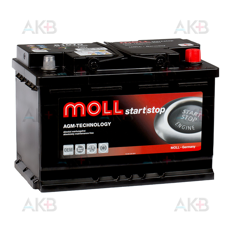 Автомобильный аккумулятор Moll AGM 70R Start-Stop 760A 276x175x190