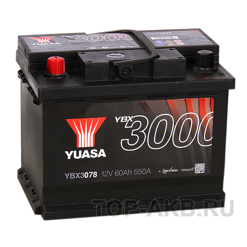 Автомобильный аккумулятор YUASA YBX3078 60 Ач 550А прям. пол. (242x175x190)