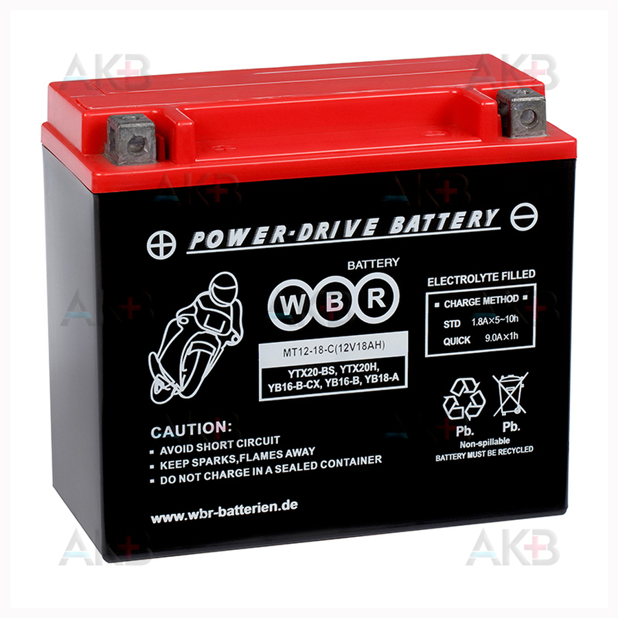 Мото аккумулятор WBR MT12-18-C AGM 18 Ач 270А прямая пол. (175x87x155) YTX20-BS