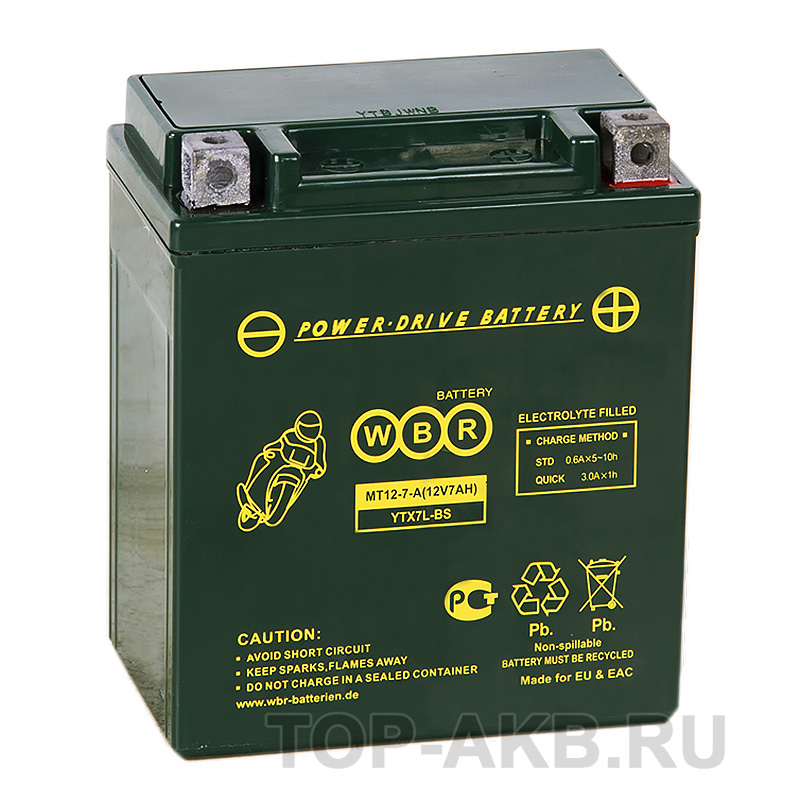 Мото аккумулятор WBR MT12-7-A AGM 7 Ач 120А обратная пол.(114x71x131) YTX7L-BS