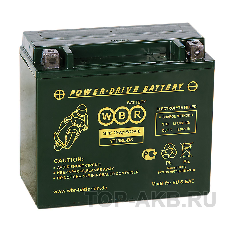 Мото аккумулятор WBR MT12-20-A AGM 20 Ач 310А прямая пол. (175x87x155) YTX20H-BS