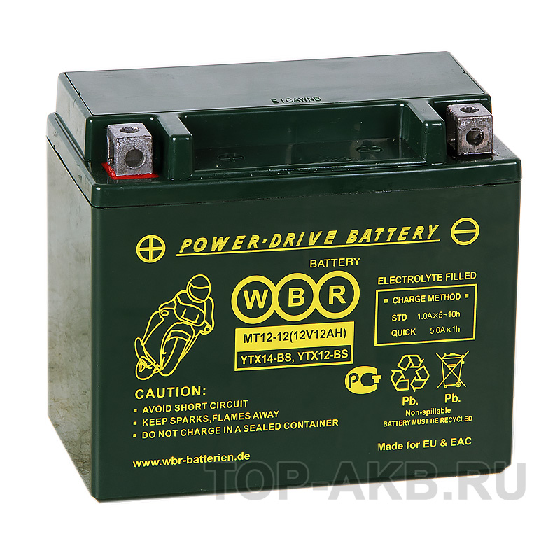 Мото аккумулятор WBR MT12-12 AGM 12 Ач 180А прямая пол.(150x87x130) YTX14-BS, YTX12-BS
