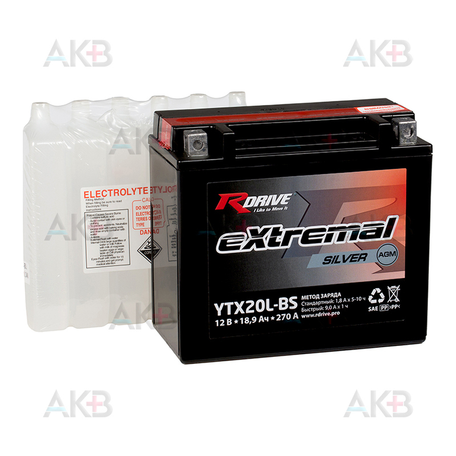 Мото аккумулятор RDrive YTX20L-BS 12V 18,9Ah 270А обр. пол. AGM сухозаряж. (176x87x154) eXtremal SILVER