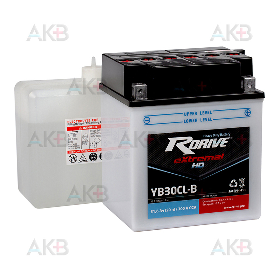 Мото аккумулятор RDrive YB30CL-B 12V 31,6Ah 300А обр. Heavy Duty (165x130x192)  eXtremal HDсухозаряж.