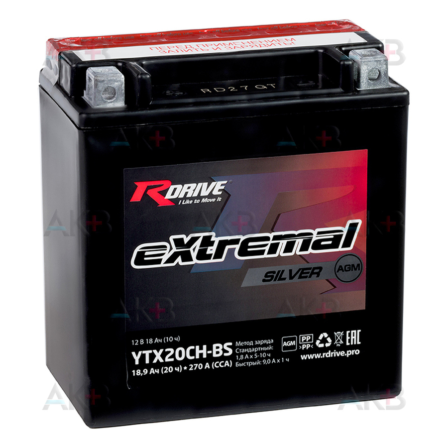 Мото аккумулятор RDrive YTX20CH-BS 12V 18,9Ah 270А прям. пол. AGM сухозаряж. (150x87x161) eXtremal SILVER