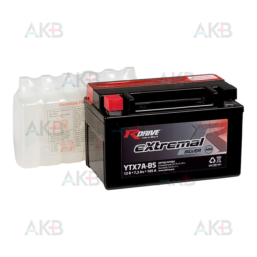 Мото аккумулятор RDrive  YTX7A-BS 12V 7,2Ah 105А прям. пол. AGM сухозаряж. (150x87x93) eXtremal SILVER