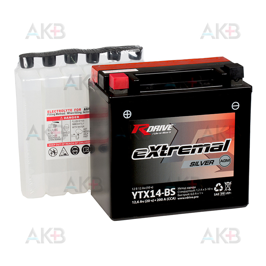 Мото аккумулятор RDrive YTX14-BS 12V 12,6Ah 200А прям. пол. AGM сухозаряж. (150x87x145) eXtremal SILVER