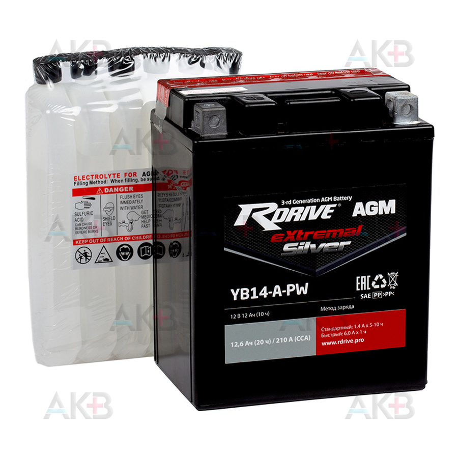 Мото аккумулятор RDrive YB14-A-PW 12V 12,6Ah 210А прям. пол. AGM сухозаряж. (135x90x166) eXtremal SILVER
