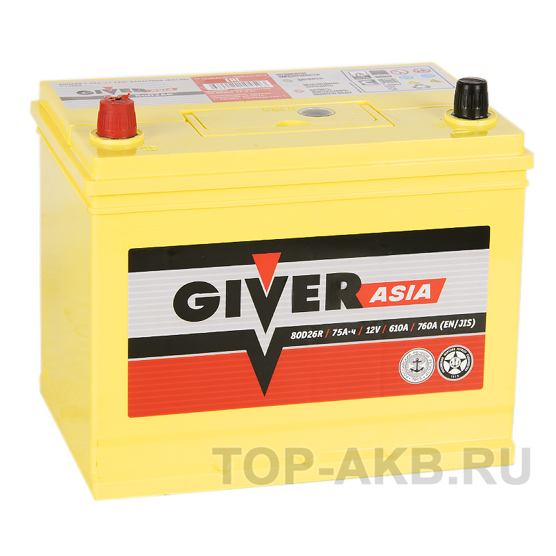 Автомобильный аккумулятор Giver 80D26R (75L 610A 260x173x225)