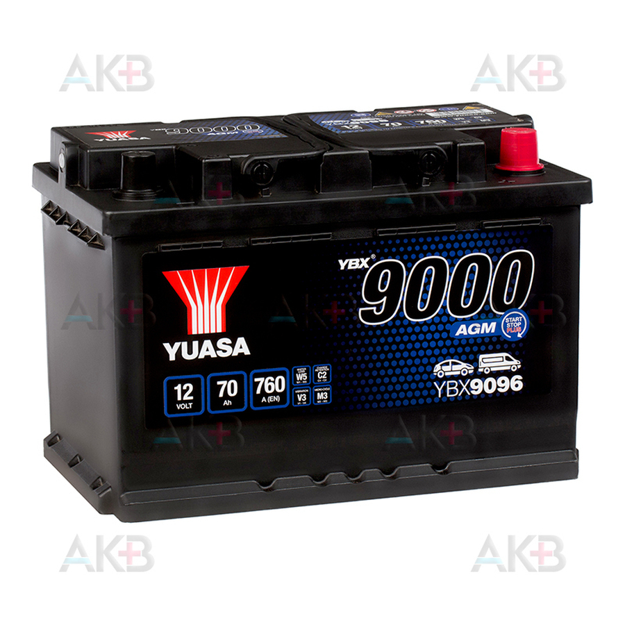 Автомобильный аккумулятор YUASA YBX9096 70 Ач 760А обр. пол. (278x175x190) AGM