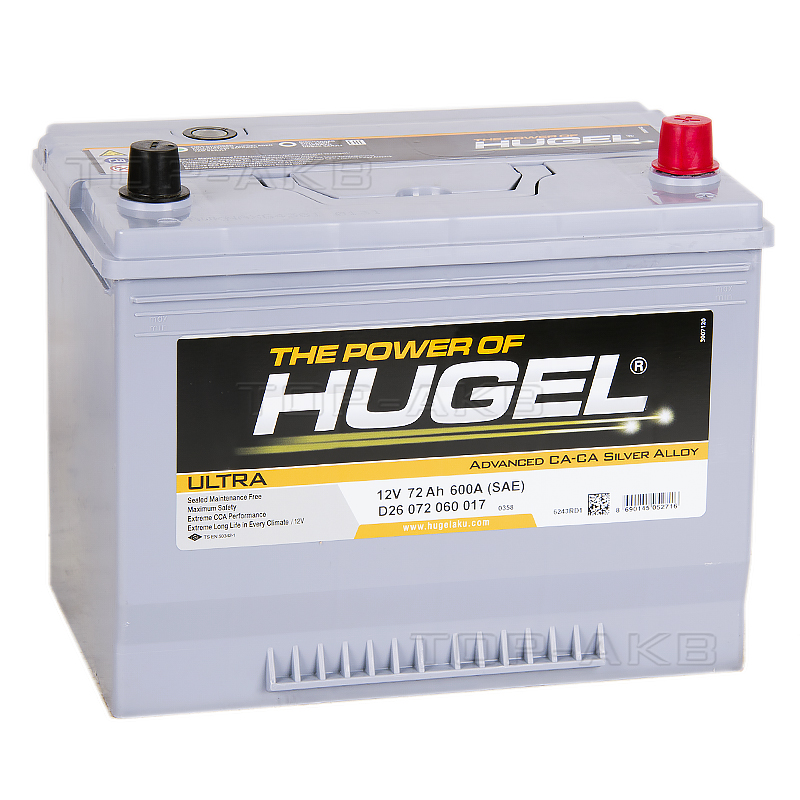 Автомобильный аккумулятор Hugel Ultra Asia 72R 600A (260x173x227) D26 072 060 017