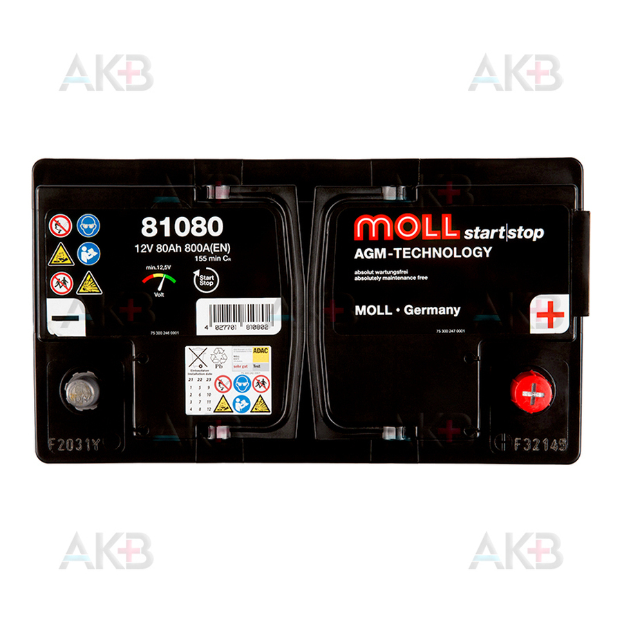 Автомобильный аккумулятор Moll AGM 80R Start-Stop 800A 315x175x190