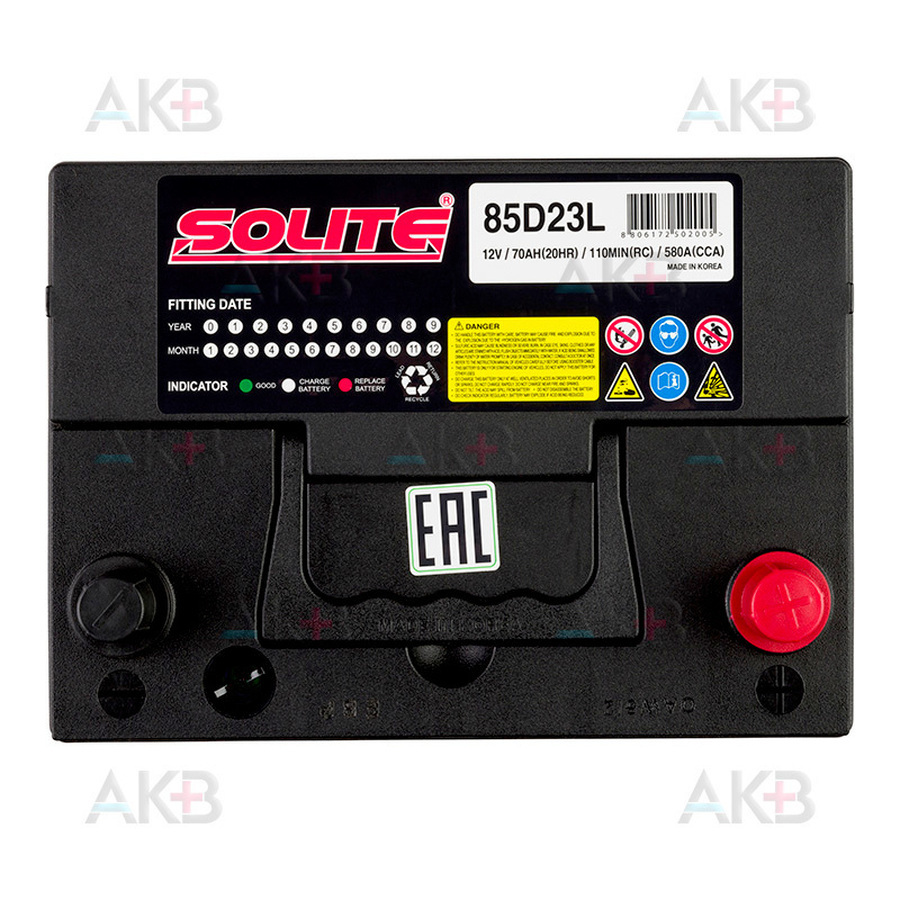 Автомобильный аккумулятор Solite 85D23L с бортиком (70R 580A 230x168x200)