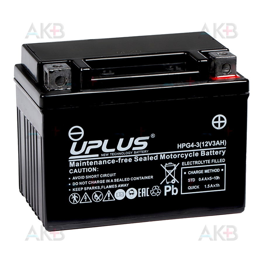 Мото аккумулятор Uplus HPG4-3 12V 3Ah 60А обр. пол. (114x71x86) Nano GEL