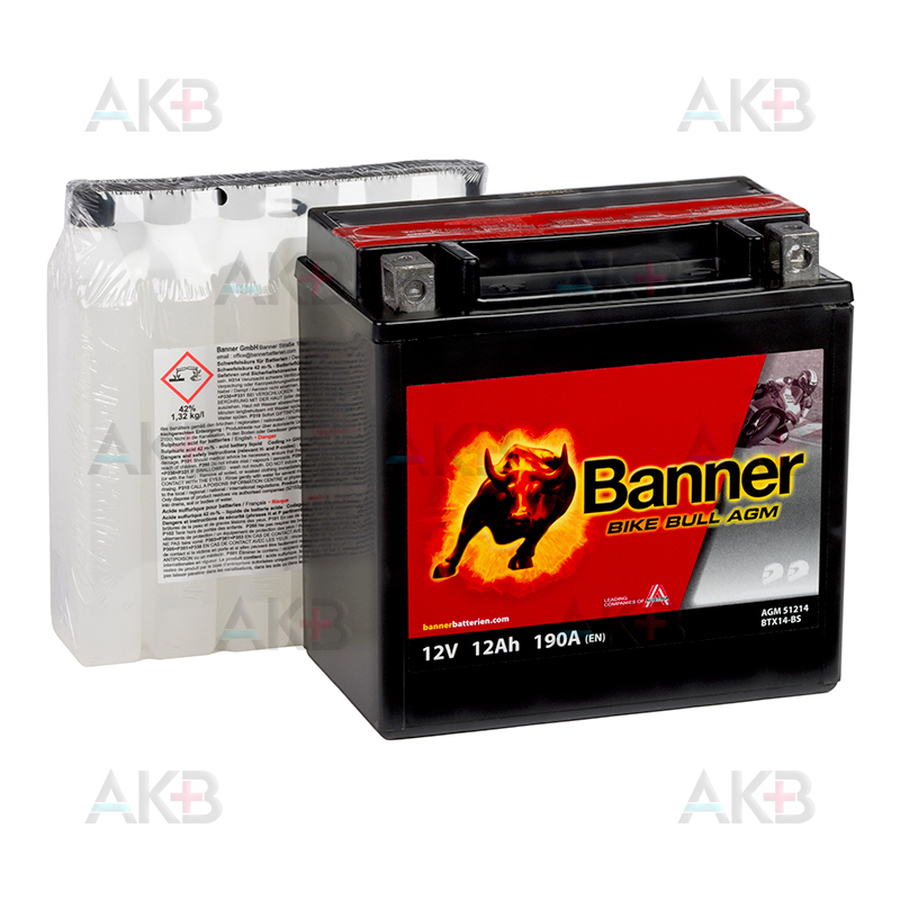 Мото аккумулятор Banner Bike Bull AGM 51214 12 Ач прям. пол. 190А (150x87x145) BTX14-BS, YTX14-BS сухозаряж.