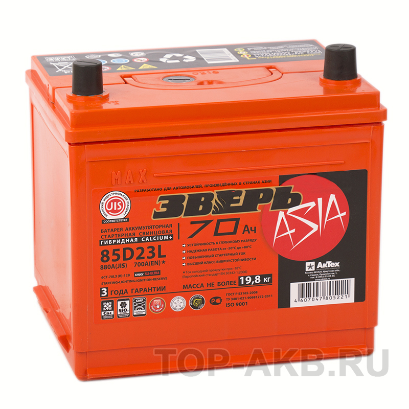 Автомобильный аккумулятор Зверь 85D23L (70R 700A 235х175х221)