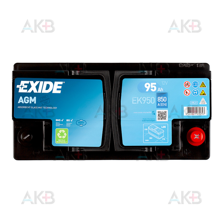 Автомобильный аккумулятор Exide Start-Stop AGM 95R (850А 353x175x190) EK950