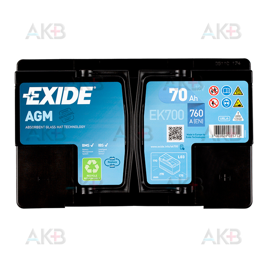 Автомобильный аккумулятор Exide Start-Stop AGM 70R (760А 278x175x190) EK700