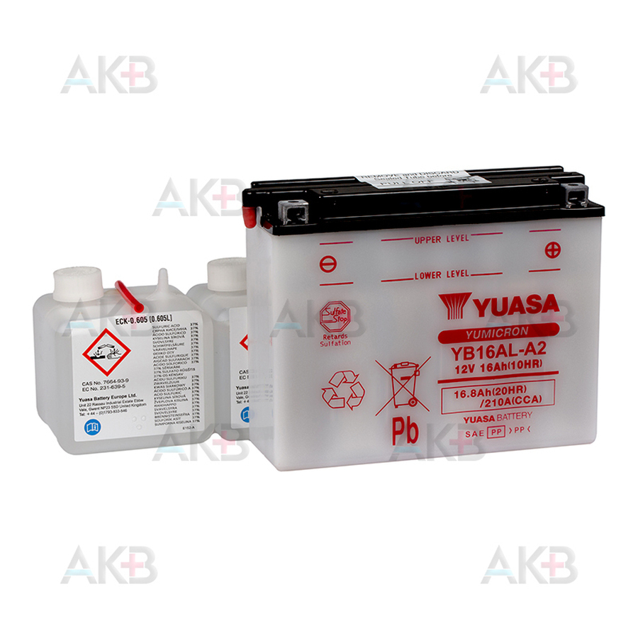Мото аккумулятор Yuasa YB16AL-A2 - 16 Ач 200A (207x72x164) обр. пол. Heavy Duty сухозаряж.