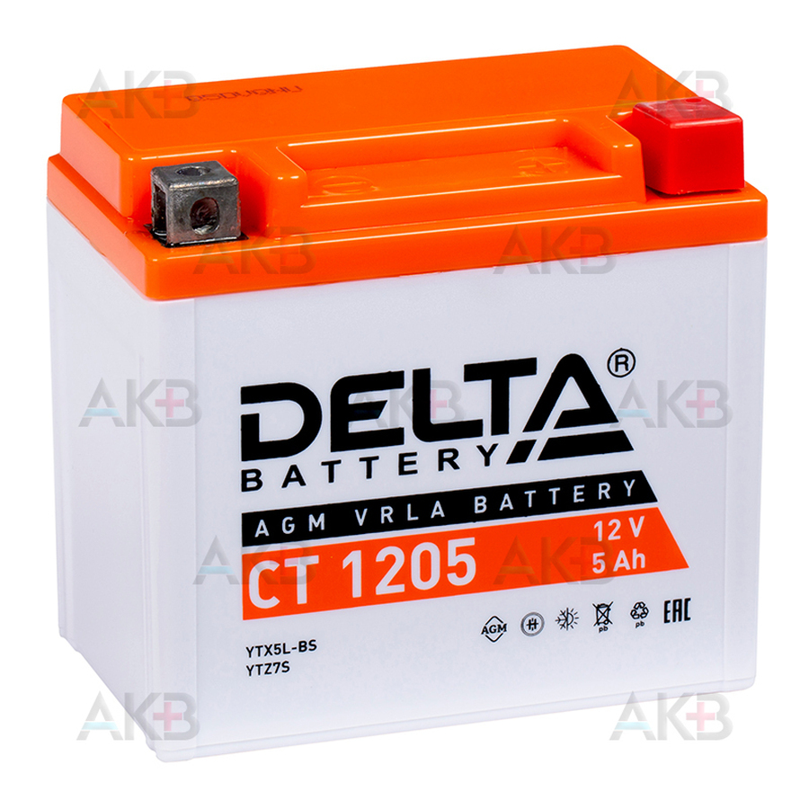 Мото аккумулятор Delta CT 1205, 12V 5Ah, 80А (113x70x105) YTX5L-BS, YTZ7S, YT5L-BS