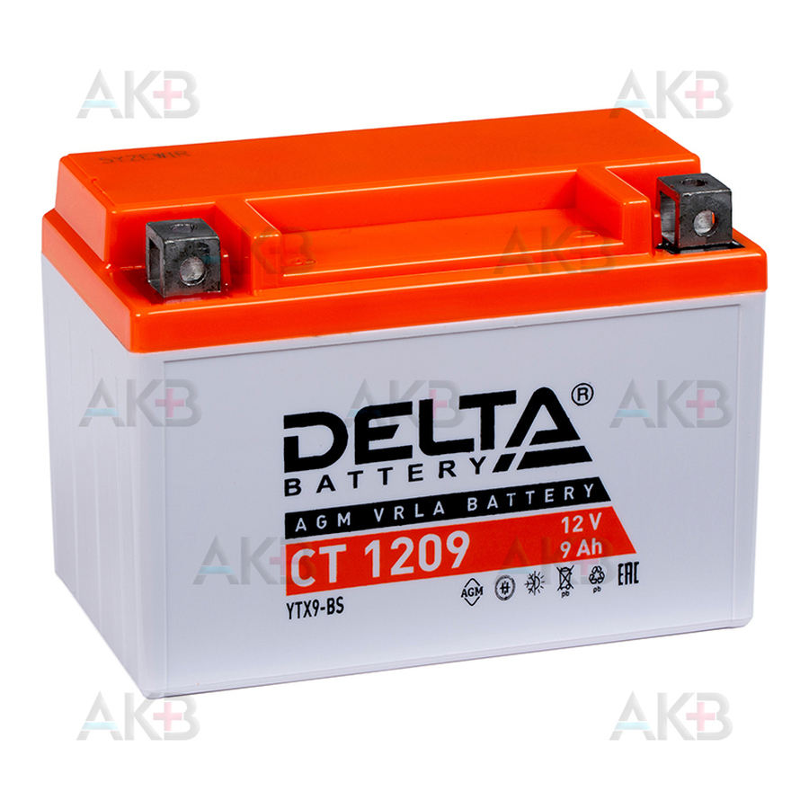 Мото аккумулятор Delta CT 1209, 12V 9Ah, 135А (150x87x105) YTX9-BS, YTX9