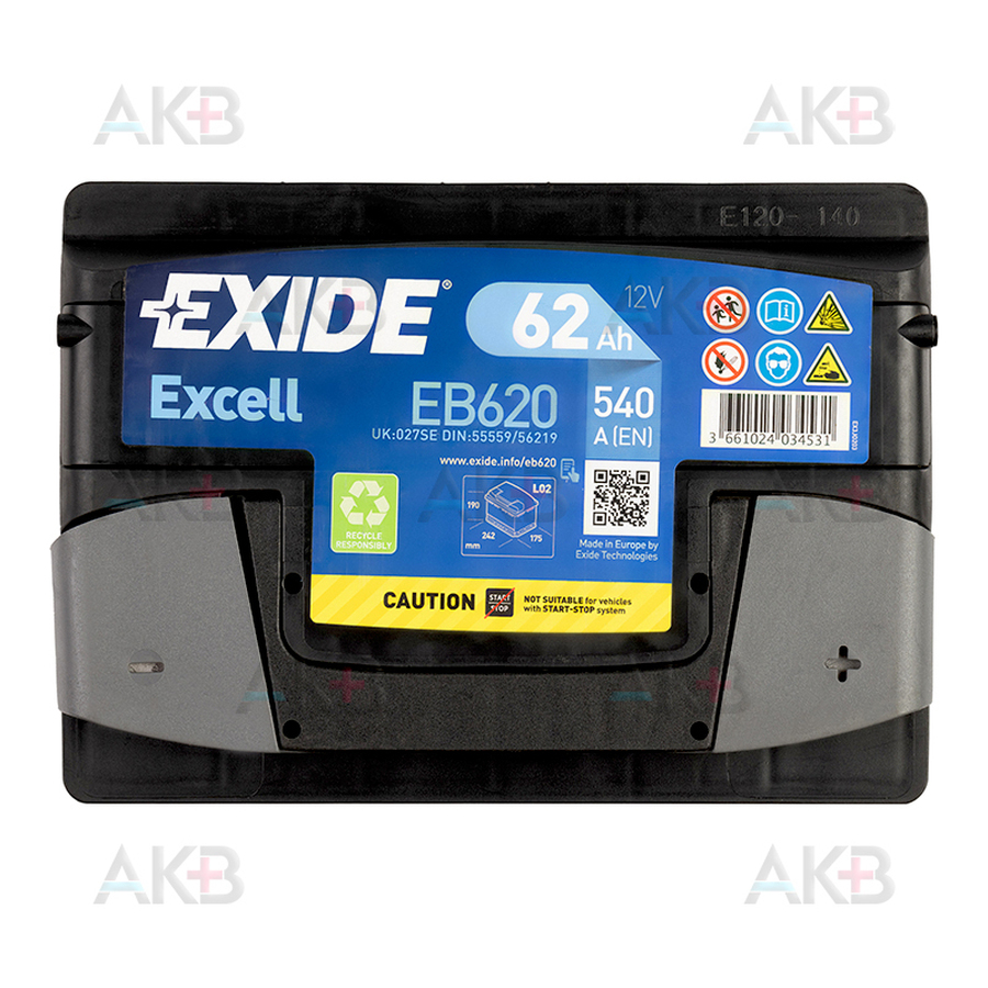 Автомобильный аккумулятор Exide Excell 62R (540A 242x175x190) EB620