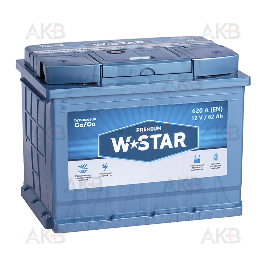 Автомобильный аккумулятор W STAR 62 Ач прям. пол. 620А (242x175x190)