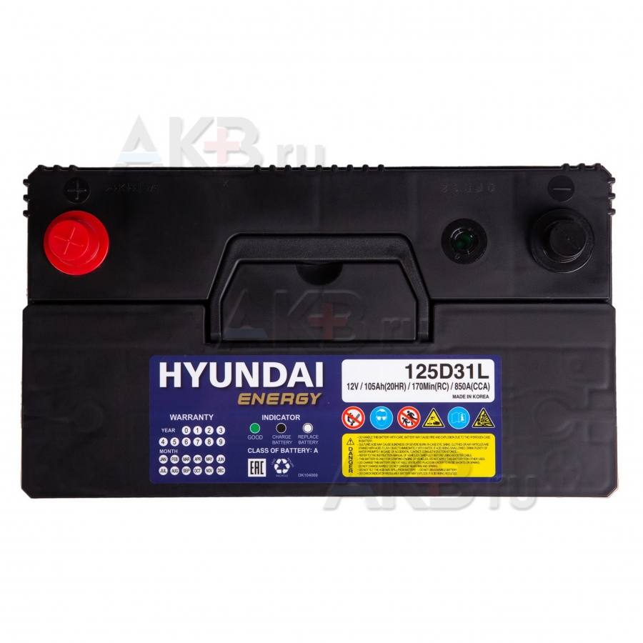 Автомобильный аккумулятор HYUNDAI 125D31L 12V 105Ah 850A (301x175x225) обр. пол.