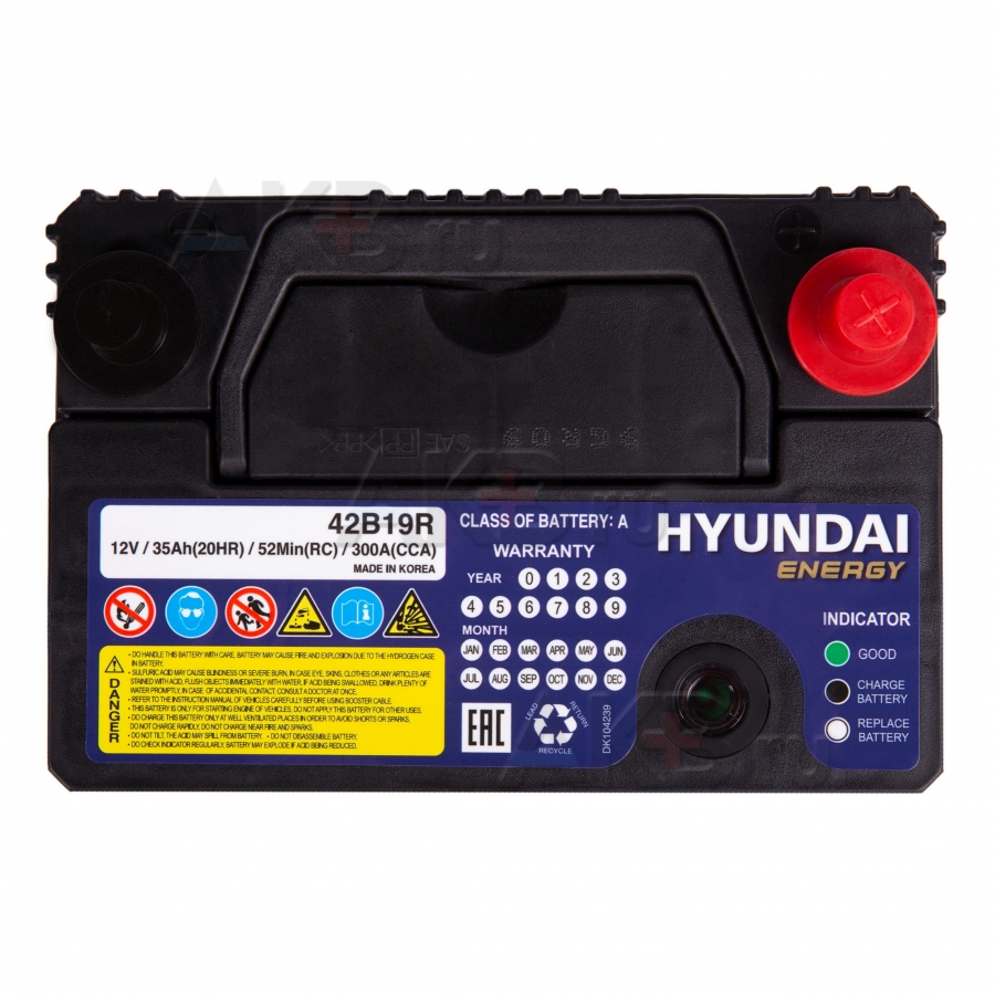 Автомобильный аккумулятор HYUNDAI 42B19R 12V 35Ah 300A (187x127x227) прям. пол.