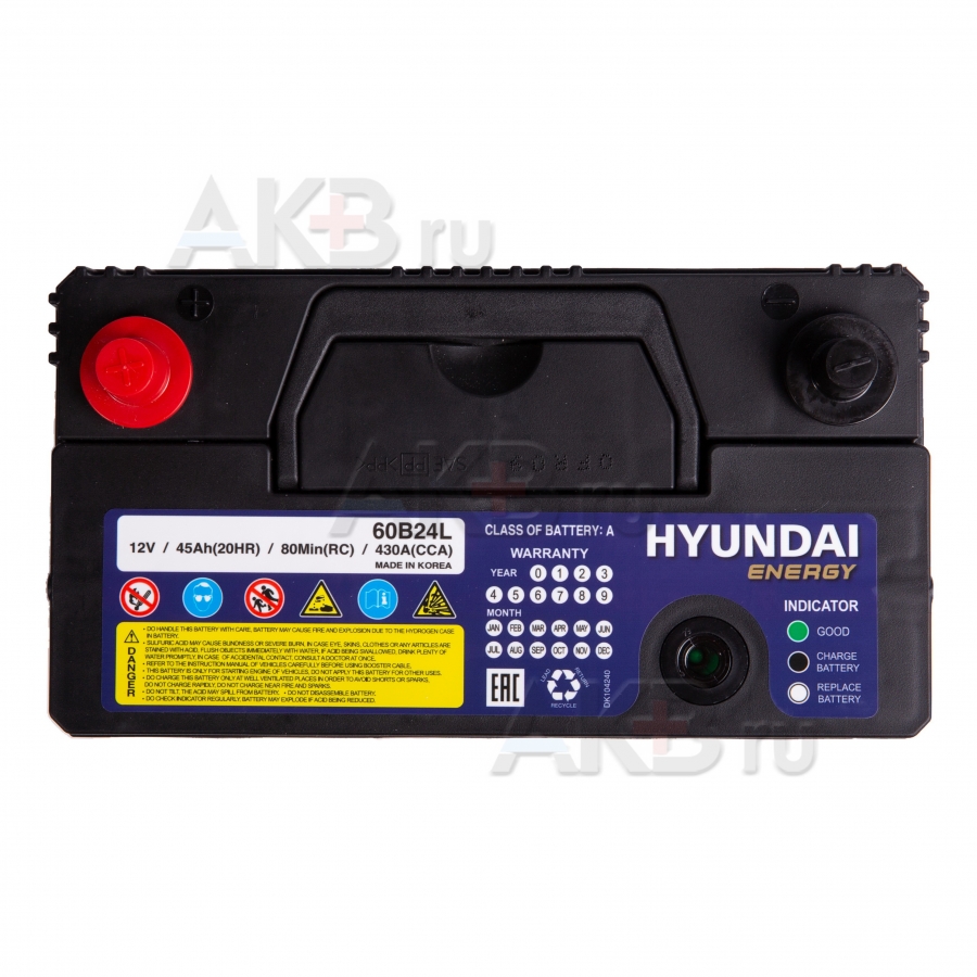 Автомобильный аккумулятор HYUNDAI 60B24L 12V 45Ah 430A (238x129x227) обр. пол.