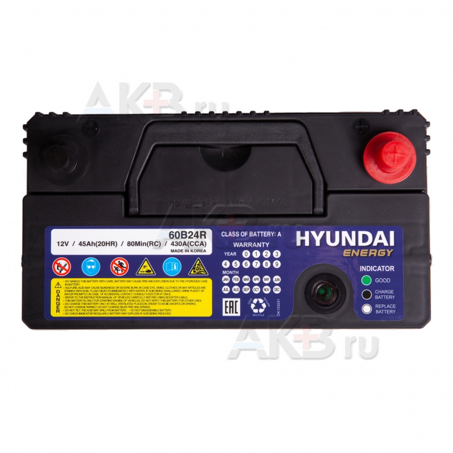Автомобильный аккумулятор HYUNDAI 60B24R 12V 45Ah 430A (238x129x227) прям. пол.
