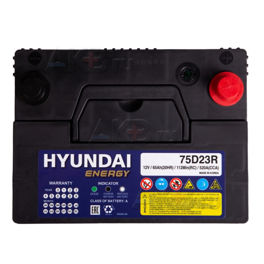 Автомобильный аккумулятор HYUNDAI 75D23R 12V 65Ah 550A (232x173x225) прям. пол.