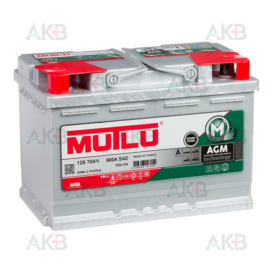 Автомобильный аккумулятор Mutlu AGM 70 Ач 760A обр. пол. (278x175x190) AGM.L3.70.076.A