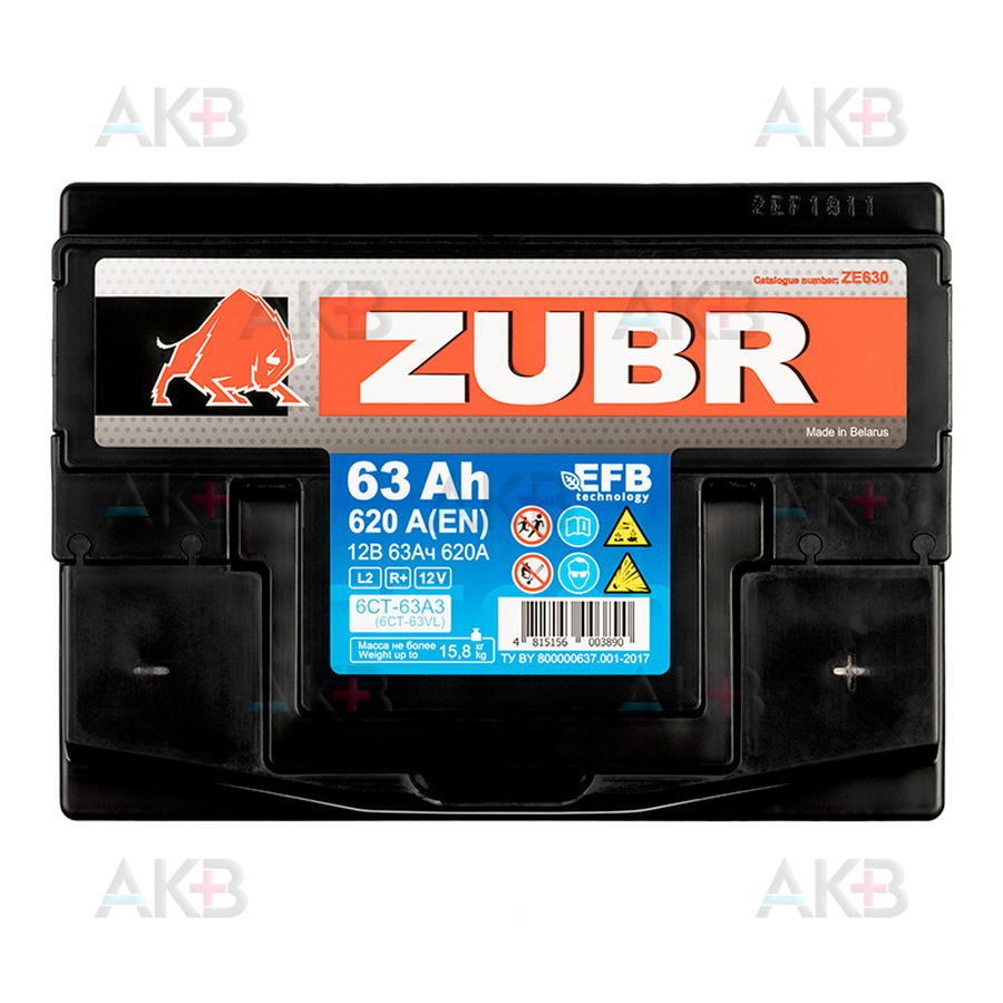 Автомобильный аккумулятор ZUBR EFB 63 Ач 620А (242x175x190) обр. пол.