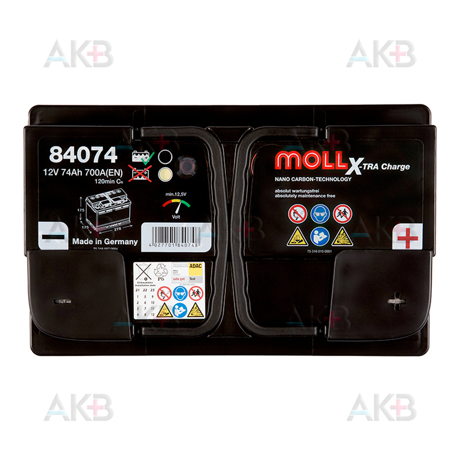 Автомобильный аккумулятор Moll X-TRA charge 74 Ач 700A обр. пол. (278x175x175) 84074