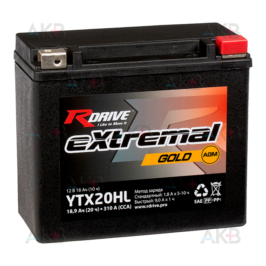 Мото аккумулятор RDrive YTX20HL 12V 18,9Ah 310А обр. пол. AGM  (175x87x155) eXtremal GOLD