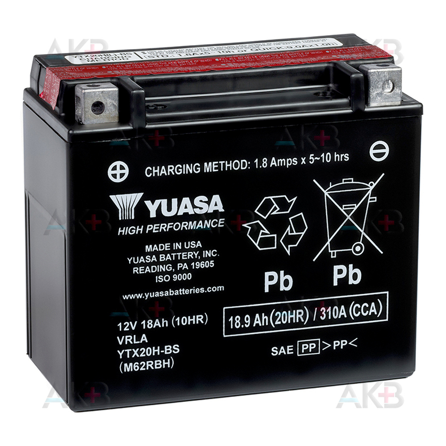 Мото аккумулятор Yuasa YTX20H-BS - 18.9 Ач 310А (176x88x156) прям. пол. AGM сухозаряж.