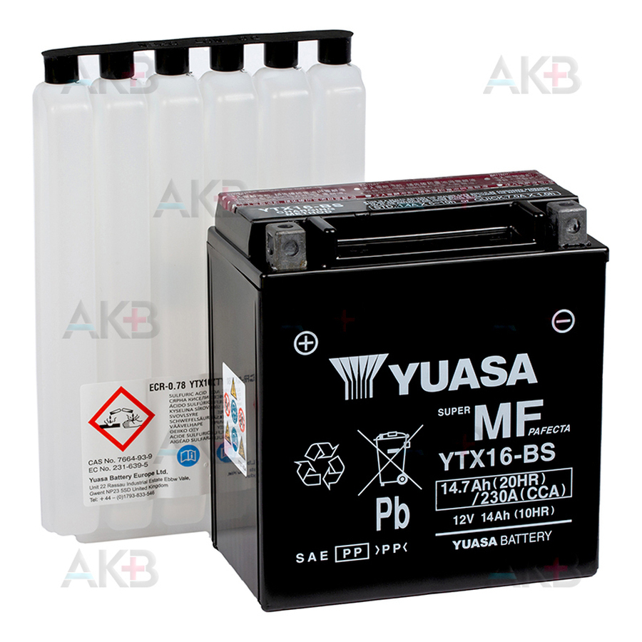 Мото аккумулятор Yuasa YTX16-BS - 14,7 Ач 230А (150x87x161) прям. пол. AGM сухозаряж