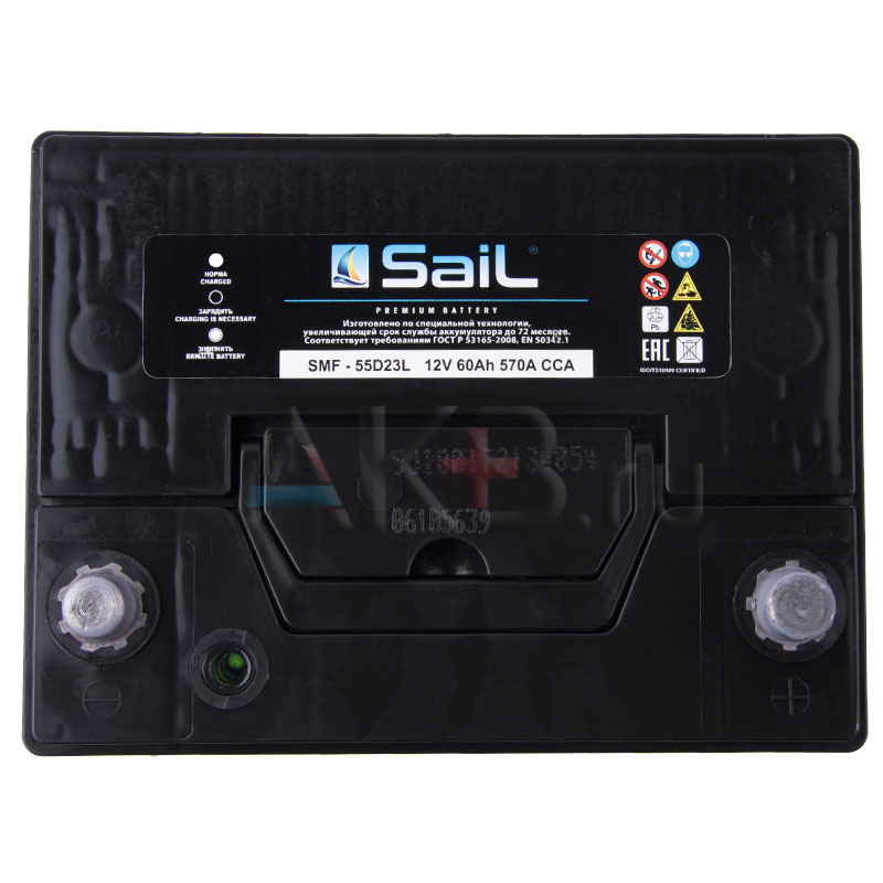 Автомобильный аккумулятор SaiL 55D23L 60 Ач 570A (227x173x225) обр. пол.