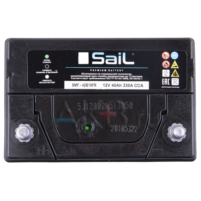Автомобильный аккумулятор SaiL 42B19FR 40Ач 330A (185x127x225) прям. пол.