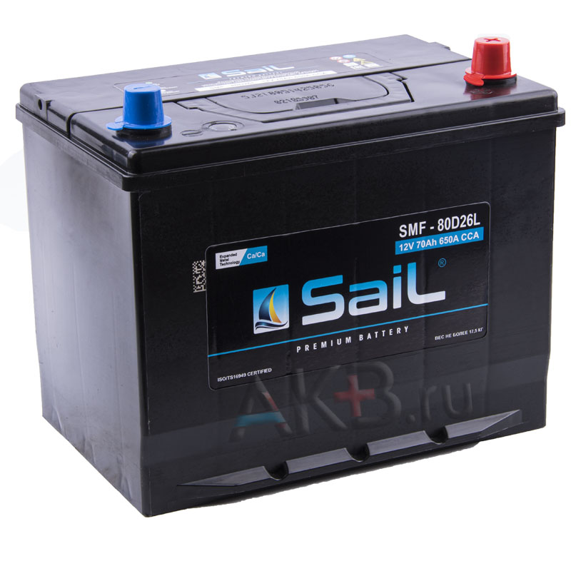Автомобильный аккумулятор SaiL 80D26L 70 Ач 650A (260x173x225) обр. пол.