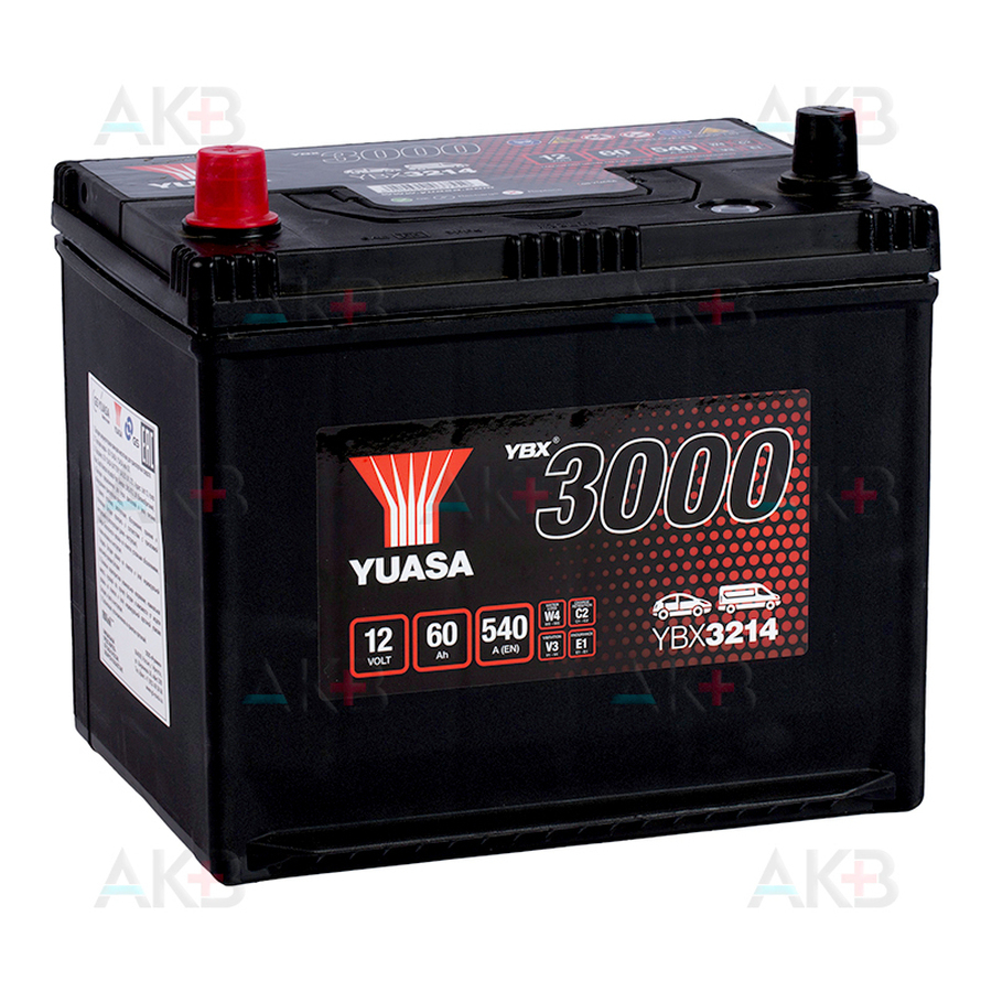 Автомобильный аккумулятор YUASA YBX3214 60 Ач 540А прям. пол. (230x174x205) D23RS