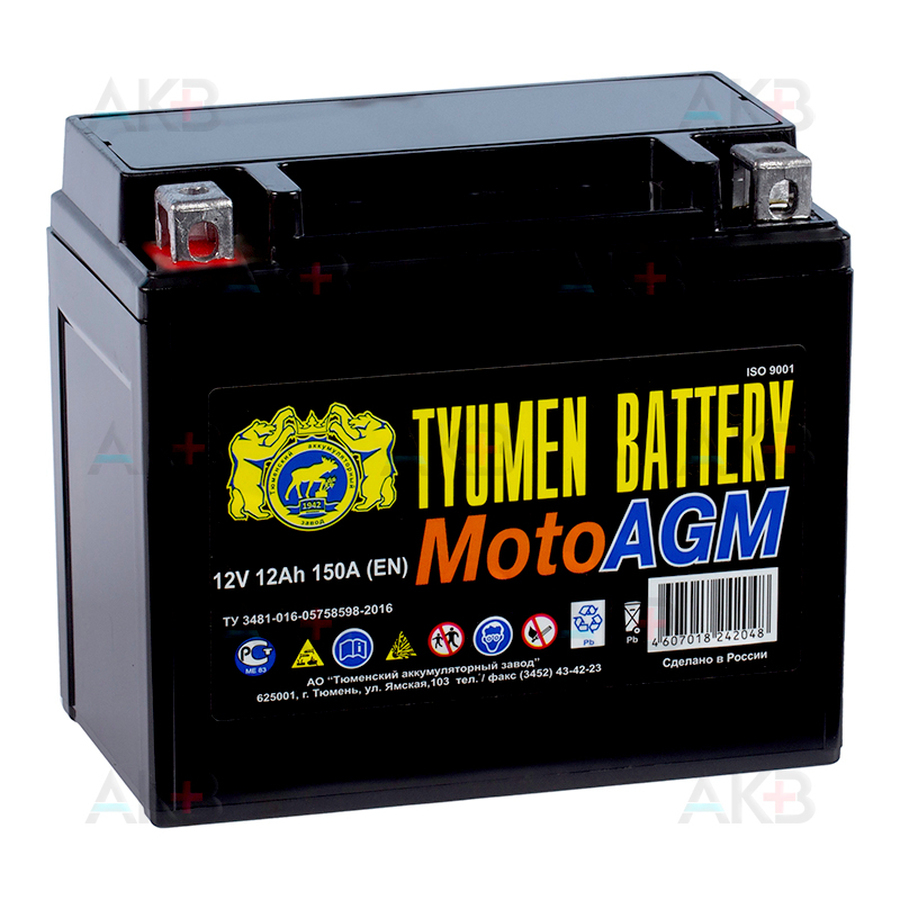Мото аккумулятор TYUMEN BATTERY 6МТС-12 AGM 12V 12Ah 150А (150x87x130) YTX12-BS
