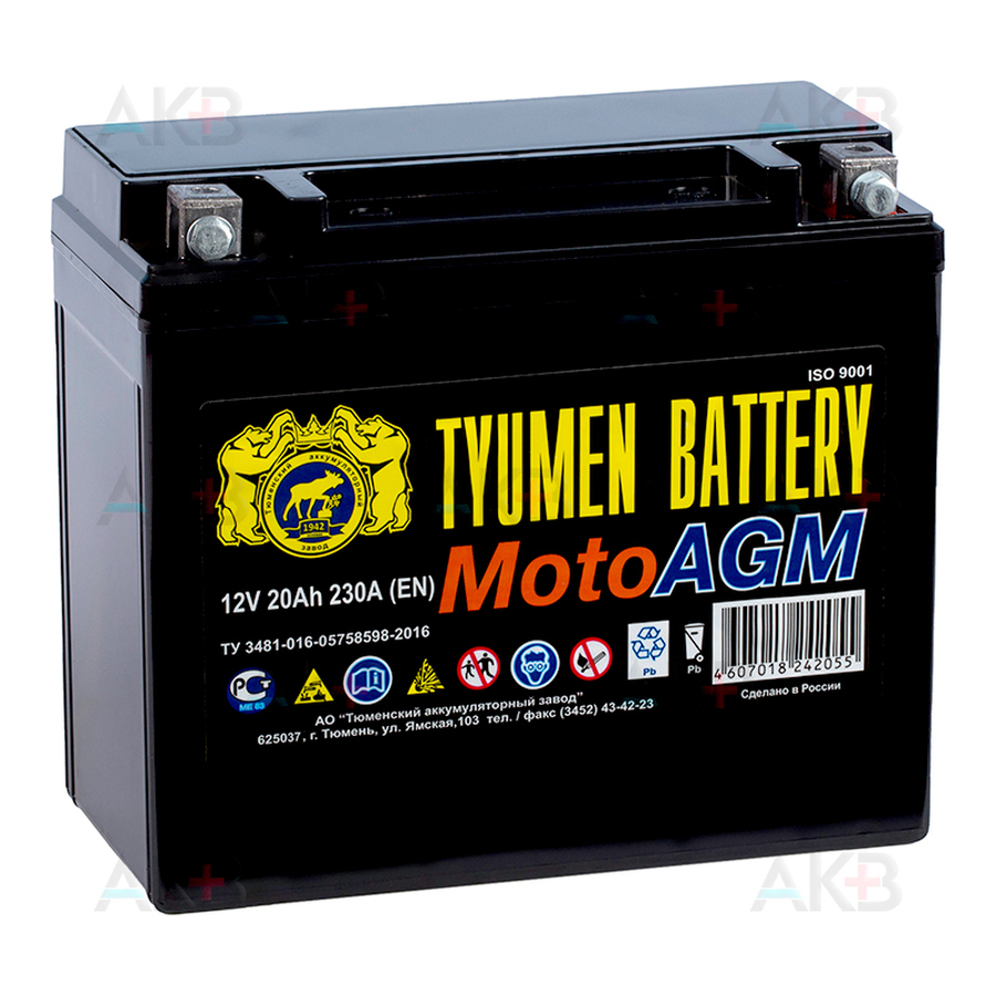 Мото аккумулятор TYUMEN BATTERY 6МТС-20 AGM 12V 20Ah 230А (175x87x155) YTX20L-BS